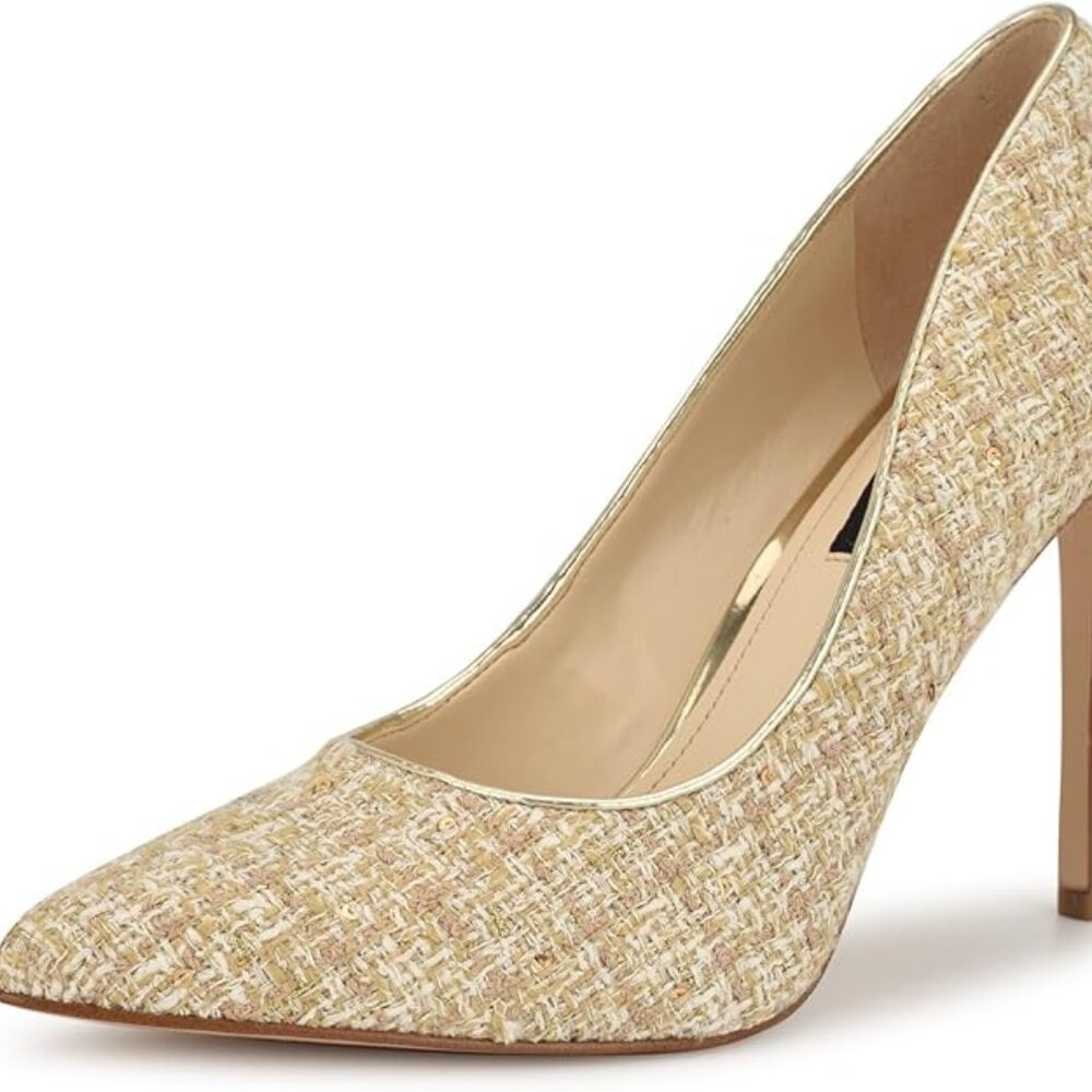 🤍 Nine West “Tatiana” Tweed Pointed-Toe Pumps — Beige/Gold (Size 7.5M) - Picture 2 of 5